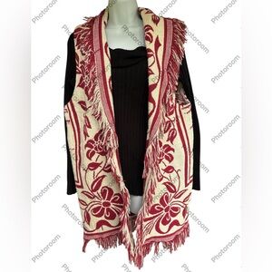 VTG Handmade Christmas Holiday Horse Carriage Fringe Knit Open Front Tunic Vest